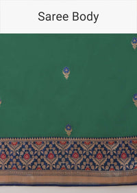 Emerald Green Two Toned Pure Handloom Saree In Silk With Woven Buttis And Intricate Indigo Border Online - Kalki Fashion