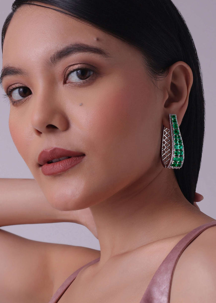 Emerald Green Elongated Hoops In 92.5 Silver