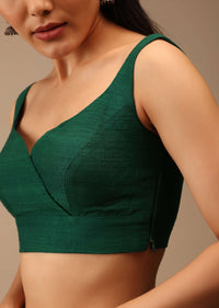 Emerald Green Blouse In Raw Silk With Overlapping Sweetheart Neckline And Cut Out Back