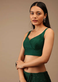 Emerald Green Blouse In Raw Silk With Overlapping Sweetheart Neckline And Cut Out Back