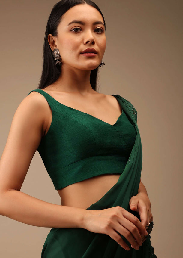 Emerald Green Blouse In Raw Silk With Overlapping Sweetheart Neckline And Cut Out Back