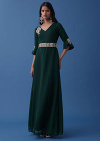 Emerald Green Embroidered Dress And Multiway Draped Dupatta In Georgette