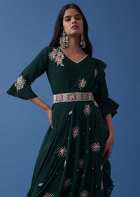 Emerald Green Embroidered Dress And Multiway Draped Dupatta In Georgette