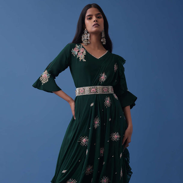 Emerald Green Embroidered Dress And Multiway Draped Dupatta In Georgette