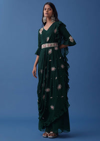 Emerald Green Embroidered Dress And Multiway Draped Dupatta In Georgette