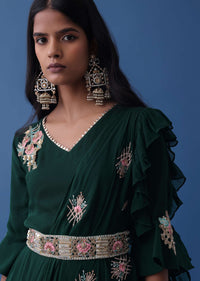 Emerald Green Embroidered Dress And Multiway Draped Dupatta In Georgette