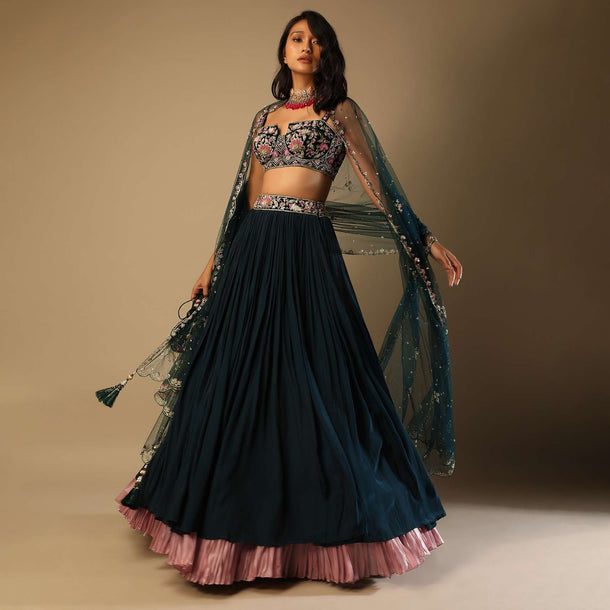 Emerald Green Lehenga With Hand Embroidered Choli Using Multi Colored Floral Motifs