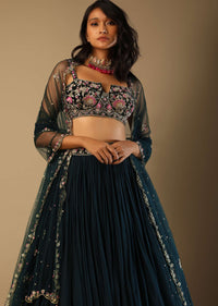 Emerald Green Lehenga With Hand Embroidered Choli Using Multi Colored Floral Motifs