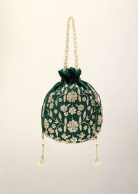 Emerald Green Potli In Satin With Hand Embroidery Detailing Using Zardosi And Moti Embroidered Floral Design