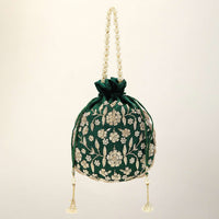 Emerald Green Potli In Satin With Hand Embroidery Detailing Using Zardosi And Moti Embroidered Floral Design