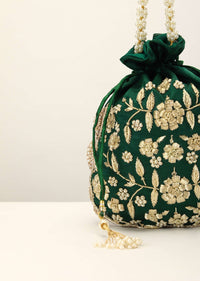 Emerald Green Potli In Satin With Hand Embroidery Detailing Using Zardosi And Moti Embroidered Floral Design