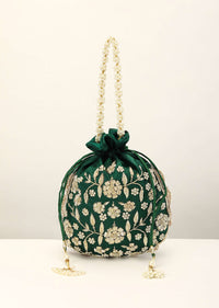 Emerald Green Potli In Satin With Hand Embroidery Detailing Using Zardosi And Moti Embroidered Floral Design