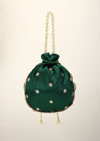 Emerald Green Potli In Satin With Hand Embroidery Detailing Using Zardosi And Moti Embroidered Floral Design