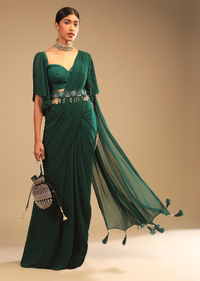 Emerald Green Ready Pleated Saree In Georgette With Bell Sleeves Crop Top And Chunky Embroidered Belt