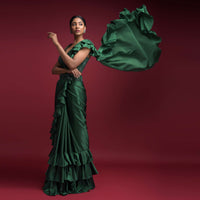 Emerald Green Ready Pleated Ruffle Saree In Milano Satin With Layered Ruffles On The Pleats