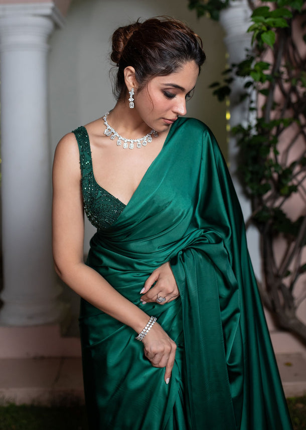 Emerald Green Saree With Tassel Lace And Sequence Embellished Blouse