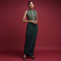 Emerald Green Skirt In Crepe With Cowl Drape And Matching Jaal Embroidered Crop Top