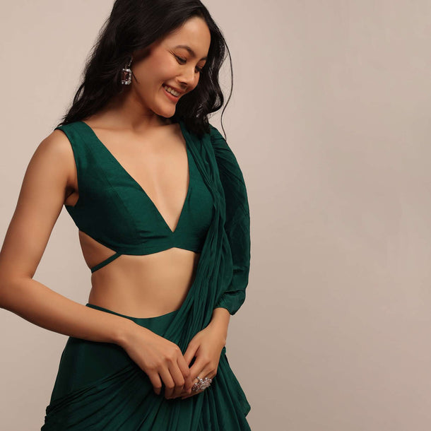 Emerald Green Sleeveless Blouse In Raw Silk With Strappy Back Hook
