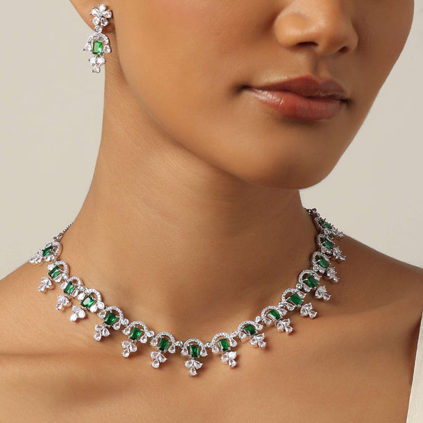 Emerald Short Necklace Set With Zirconia Stones