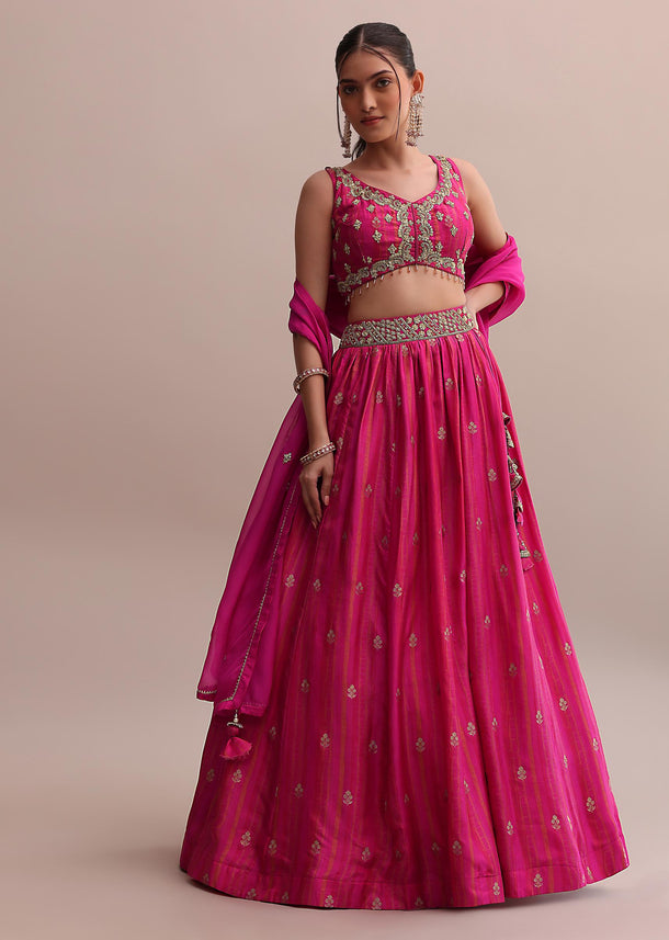 Enchanting Pink Chinnon Lehenga Set With Zardosi Embroidered Choli And A Dupatta