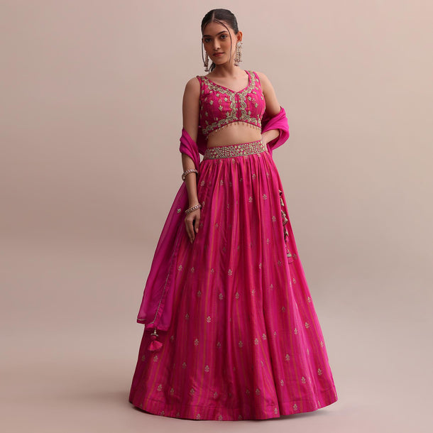 Enchanting Pink Chinnon Lehenga Set With Zardosi Embroidered Choli And A Dupatta