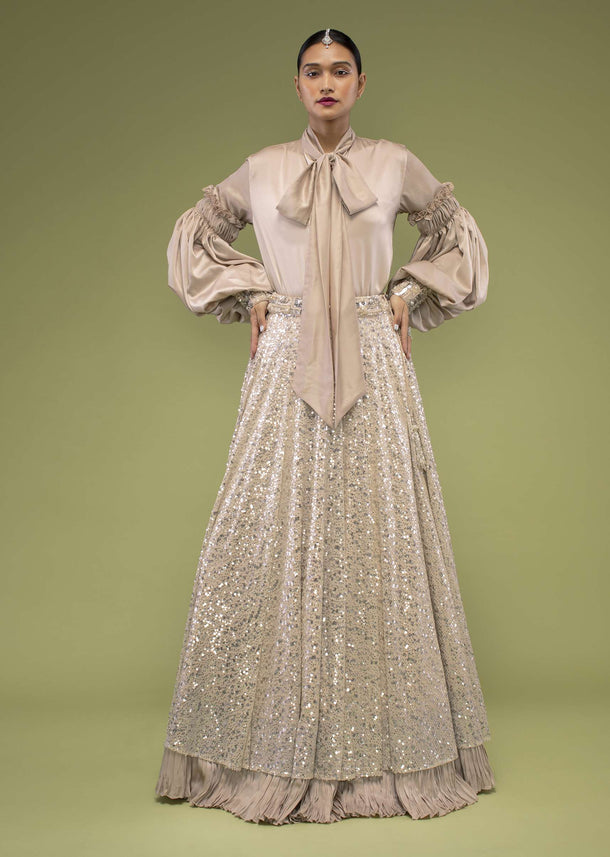 English Beige Shirt And Ivory Lehenga In Sequins Embroidery, Shirt Is Crafted In Satin With A Bow Tie-Up At The Front