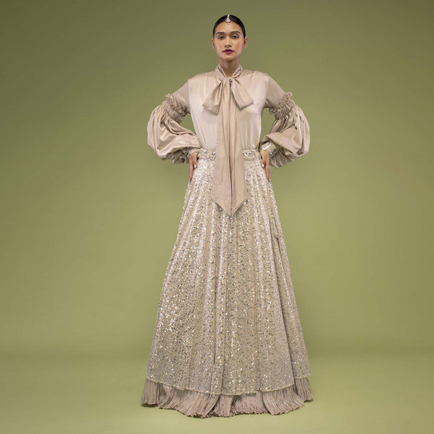 English Beige Shirt And Ivory Lehenga In Sequins Embroidery, Shirt Is Crafted In Satin With A Bow Tie-Up At The Front