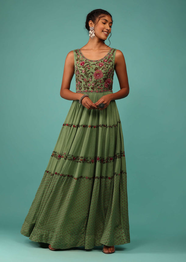 Moss Green Flowy Dress In Chiffon With Floral Kashmiri Thread Work And Embroidery