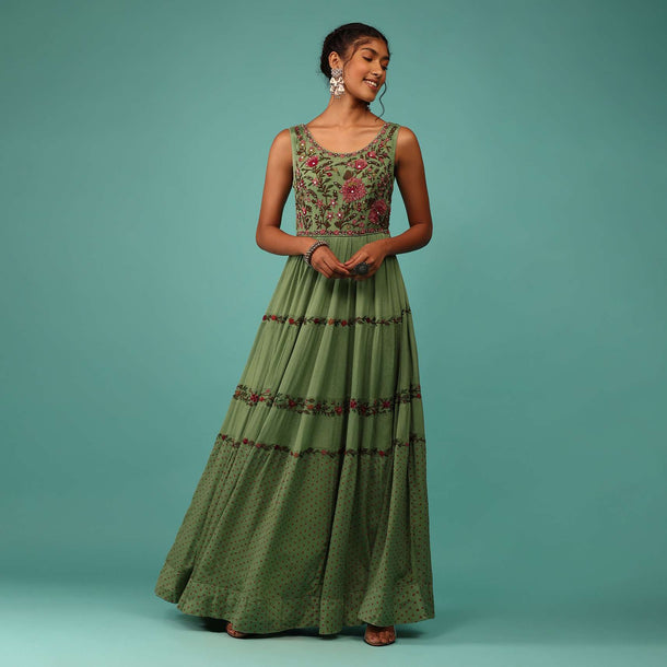 Moss Green Flowy Dress In Chiffon With Floral Kashmiri Thread Work And Embroidery