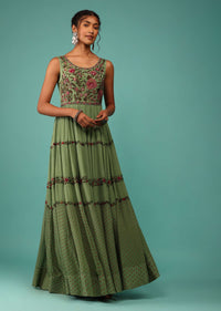 Moss Green Flowy Dress In Chiffon With Floral Kashmiri Thread Work And Embroidery
