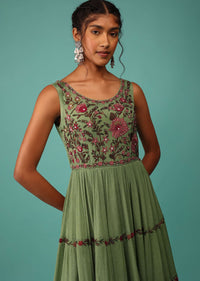 Moss Green Flowy Dress In Chiffon With Floral Kashmiri Thread Work And Embroidery