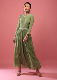 Moss Green Jumpsuit In Chiffon With Full Sleeves And Embroidered Belt In Moti