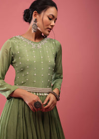 Moss Green Jumpsuit In Chiffon With Full Sleeves And Embroidered Belt In Moti