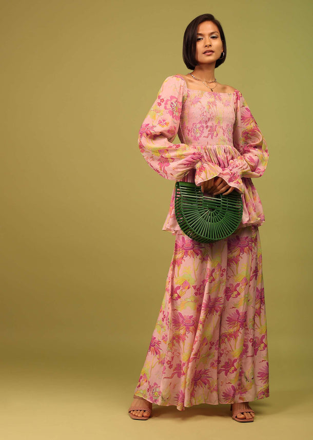 Candy Pink Print Top And Palazzo In Crepe With Off-shoulder Neckline And Smocking Bodice Online - RE By Kalki