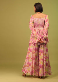 Candy Pink Print Top And Palazzo In Crepe With Off-shoulder Neckline And Smocking Bodice Online - RE By Kalki