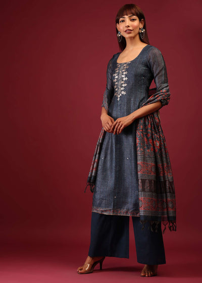 Royal Blue Printed Palazzo Suit In Tussar Silk With Embroidery