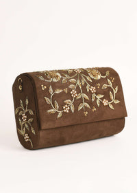 Espresso Brown Clutch In Suede With Zardosi Embroidered Floral Motifs Online - Kalki Fashion
