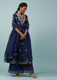 Estate Blue Embroidered Palazzo Suit Set In Cotton Silk