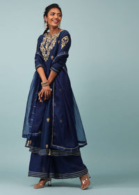 Estate Blue Embroidered Palazzo Suit Set In Cotton Silk