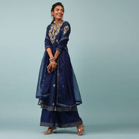 Estate Blue Embroidered Palazzo Suit Set In Cotton Silk