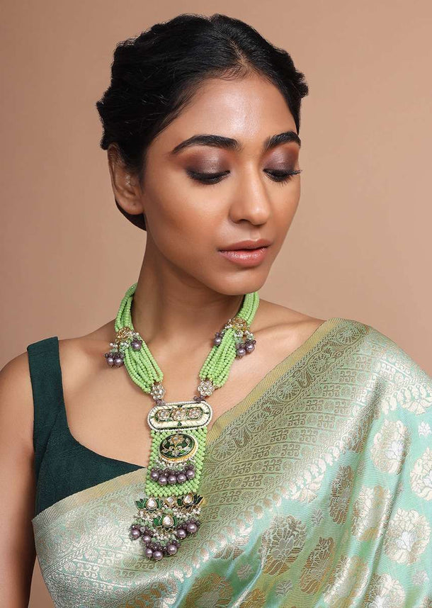 Ethnic Necklace With Strings Of Green Beads, Polki And Minakari Along With Contrasting Bead Accents