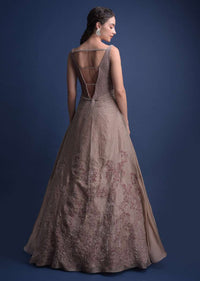 Eve Champagne Gown With Hand Embroidered Velvet Patchwork In Floral Pattern Online - Kalki Fashion