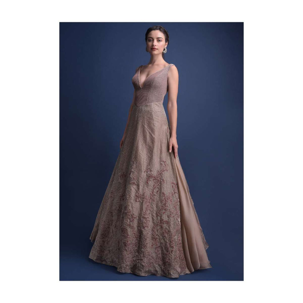 Eve Champagne Gown With Hand Embroidered Velvet Patchwork In Floral Pattern Online - Kalki Fashion