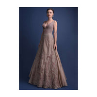 Eve Champagne Gown With Hand Embroidered Velvet Patchwork In Floral Pattern Online - Kalki Fashion