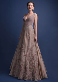 Eve Champagne Gown With Hand Embroidered Velvet Patchwork In Floral Pattern Online - Kalki Fashion