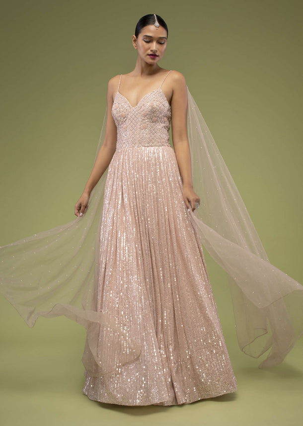 Evening Sand Gown With A Veil In Sequins Embroidery, Crafted In Net With Spaghetti Straps And A Corset Neckline