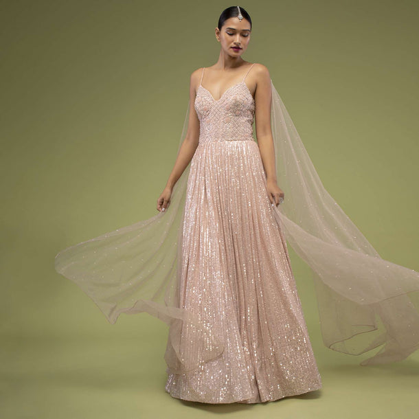 Evening Sand Gown With A Veil In Sequins Embroidery, Crafted In Net With Spaghetti Straps And A Corset Neckline