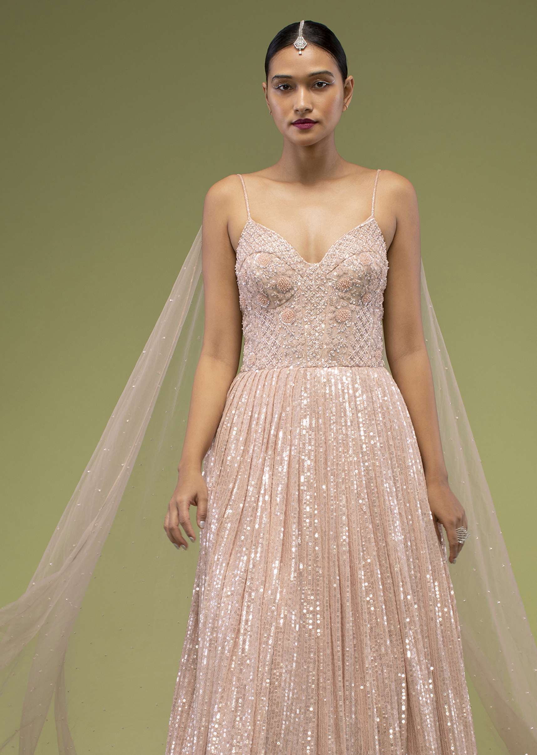 Evening Sand Gown With A Veil In Sequins Embroidery, Crafted In Net With Spaghetti Straps And A Corset Neckline