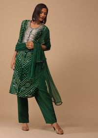 Deep Green Gotta Embroidered Bandhani Printed Georgette Palazzo Suit With Chiffon Dupatta