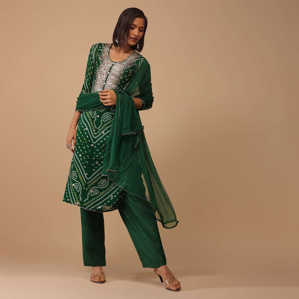 Deep Green Gotta Embroidered Bandhani Printed Georgette Palazzo Suit With Chiffon Dupatta